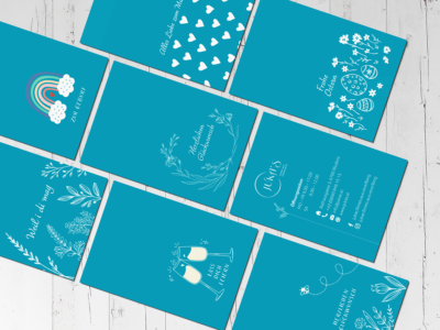 Juka's Geschenkkarten: Weil i di mag, Zur Geburt, Lass dich feiern, Herzlichen Glueckwunsch, Alles Liebe zum Muttertag, Herzlichen Glueckwunsch, Rueckseite, Frohe Ostern