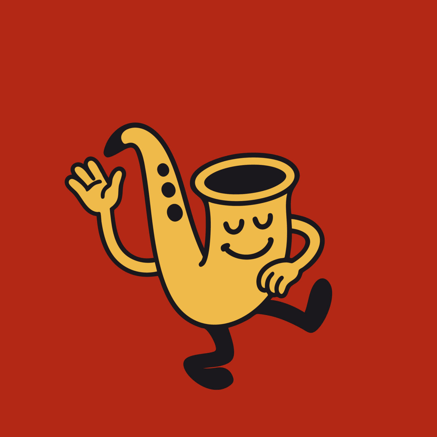Illustration eines Saxophons mit Comic-Gesicht, Armen und Beinen, das freundlich winkt. Hintergrund in Rot gehalten.