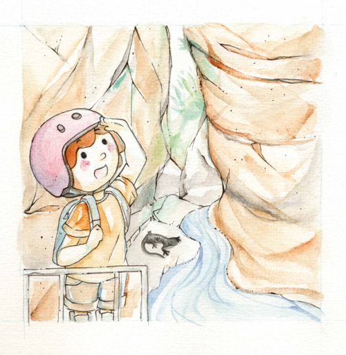 Illustration eines Kindes mit Helm und Rucksack in der Üblen Schlucht in Vorarlberg. Im Hintergrund ist ein schwarzer Salamander zu sehen – Szene aus dem Vorarlberg Memo Spiel.