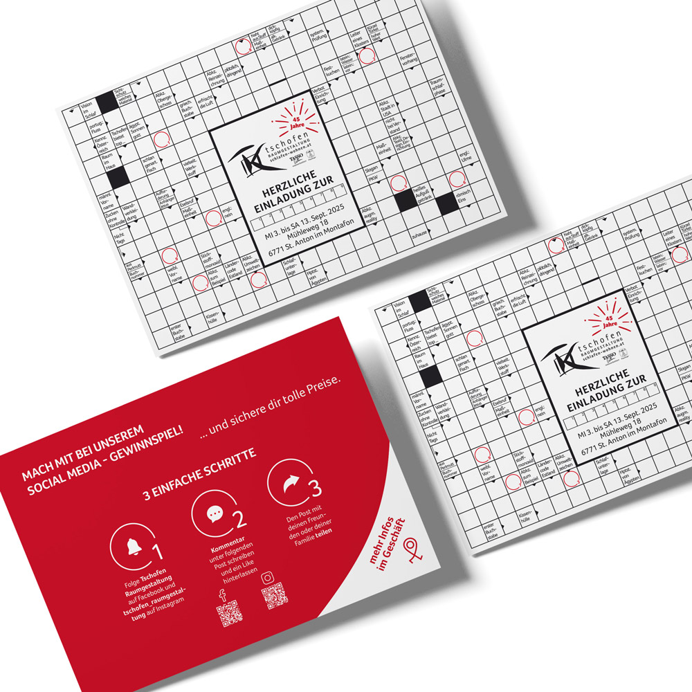 Einladungs­karten zur Hausmesse von Tschofen Raumgestalter. Auf der Vorderseite ist ein Kreuzworträtsel als spielerisches Gestaltungselement integriert, die Rückseite informiert über das Social-Media-Gewinnspiel mit drei einfachen Schritten.