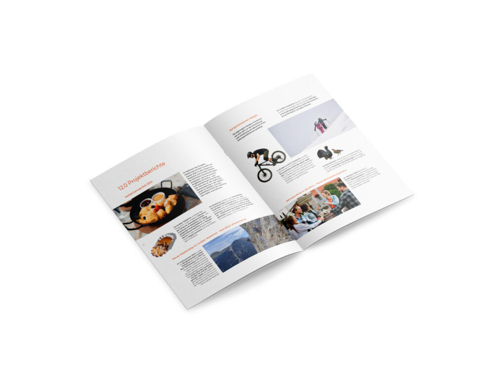 Projektberichte im Tourismus-Jahresbericht 2024 – Editorial Design mit Bildern der Outdoor-Aktivitäten und Kulinarik.