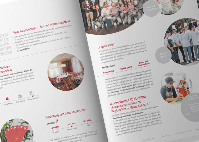 Aufgeschlagene Broschüre mit Informationen zu Jugendförderung, Gastronomie-Initiativen und Projekten wie „Vorarlberg isst Genussgutschein“, dazu mehrere Fotos von jungen Menschen, Gastronomie-Szenen und Küchen-Teams.