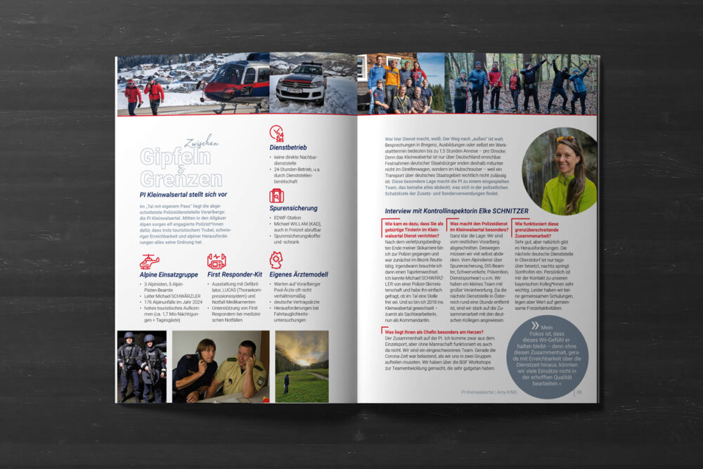 Doppelseite des INSIDE-Magazins mit Reportage über die Polizei im Kleinwalsertal – modernes Layout mit Icons, Fotos und Interview-Elementen