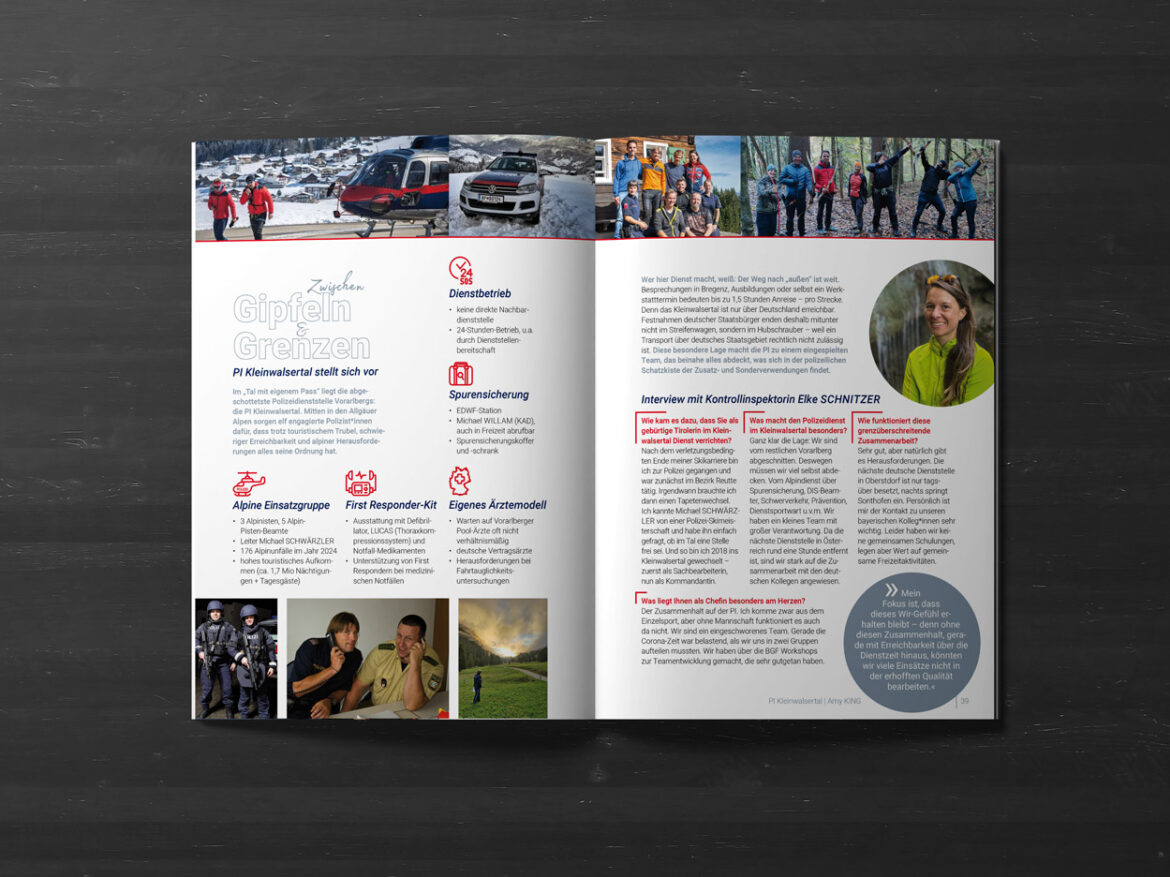 Doppelseite des INSIDE-Magazins mit Reportage über die Polizei im Kleinwalsertal – modernes Layout mit Icons, Fotos und Interview-Elementen