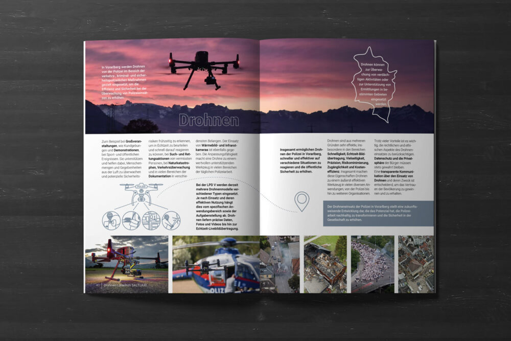 Themen-Doppelseite über Polizeidrohnen in Vorarlberg – Infografiken und stimmungsvolle Bilder im Corporate Editorial Design.