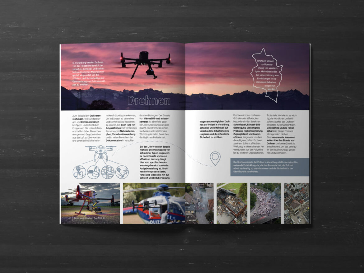 Themen-Doppelseite über Polizeidrohnen in Vorarlberg – Infografiken und stimmungsvolle Bilder im Corporate Editorial Design.