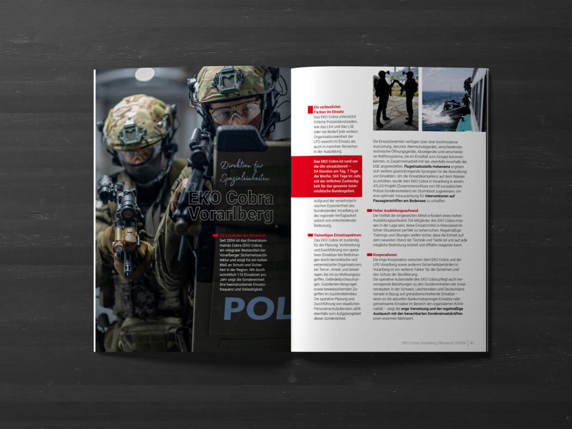 Einsatzkräfte der EKO Cobra Vorarlberg im Einsatz – Doppelseite aus dem INSIDE-Magazin mit starkem Bild-Text-Kontrast und rotem Akzent.