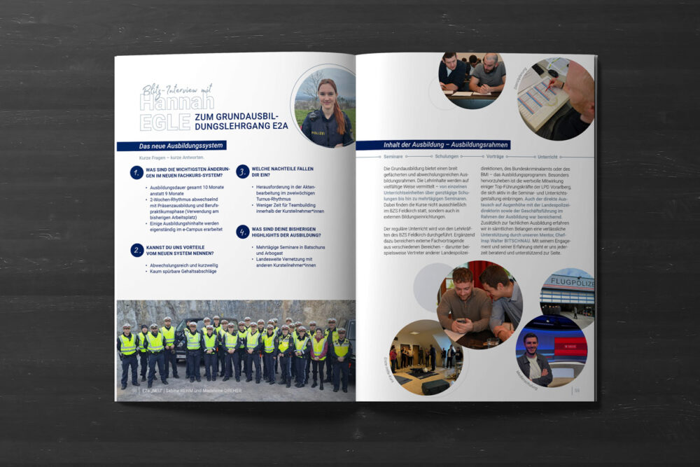 Doppelseite mit Interview und Informationen zur Polizeiausbildung in Vorarlberg - modernes, informatives Layout mit Icons, Zitaten und Bildcollagen