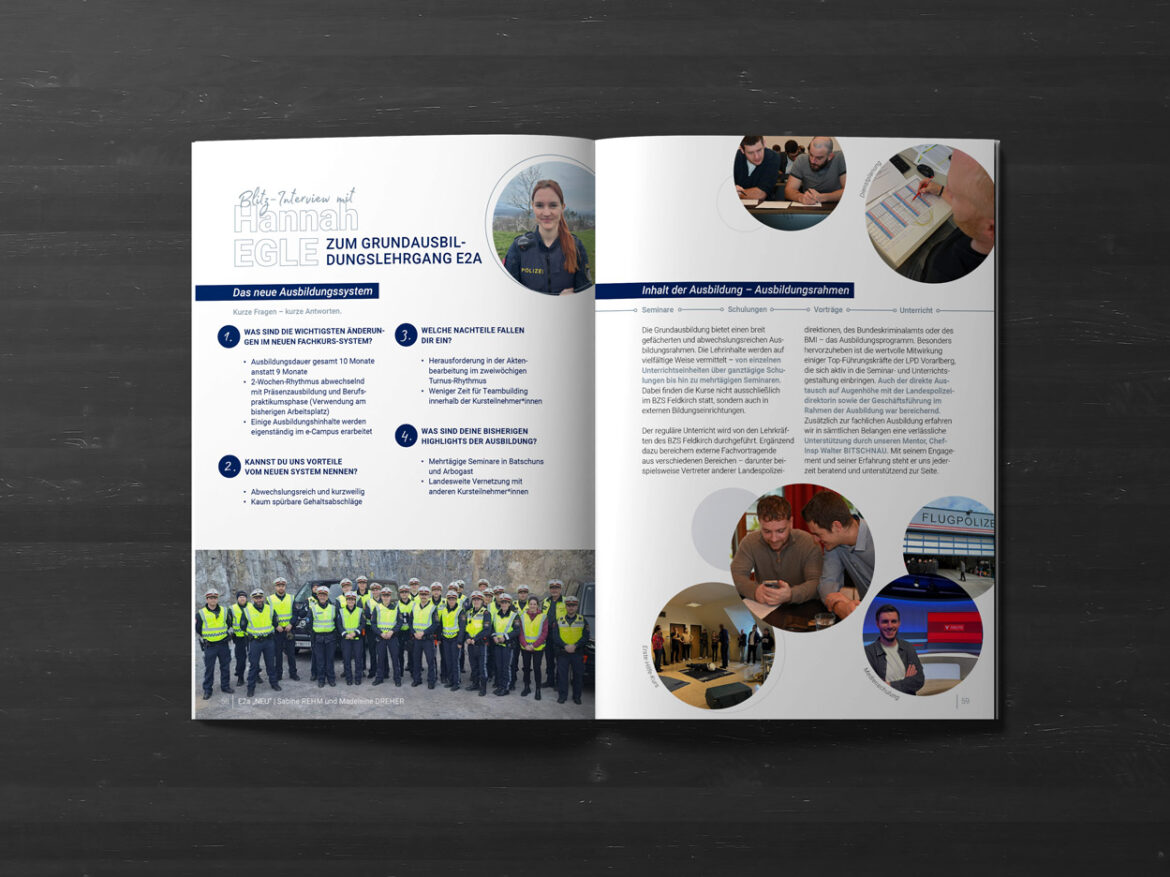 Doppelseite mit Interview und Informationen zur Polizeiausbildung in Vorarlberg - modernes, informatives Layout mit Icons, Zitaten und Bildcollagen