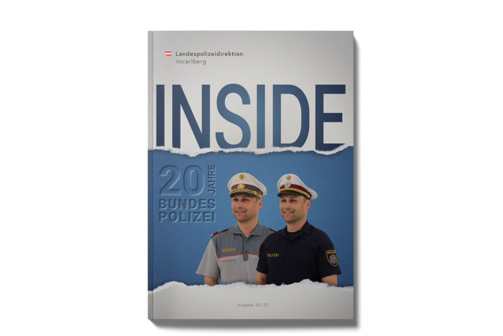 Editorial Design für INSIDE – Jubiläumsausgabe der Landespolizeidirektion Vorarlberg, gestaltet von teamwork Werbeagentur