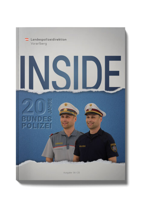 Editorial Design für INSIDE – Jubiläumsausgabe der Landespolizeidirektion Vorarlberg, gestaltet von teamwork Werbeagentur