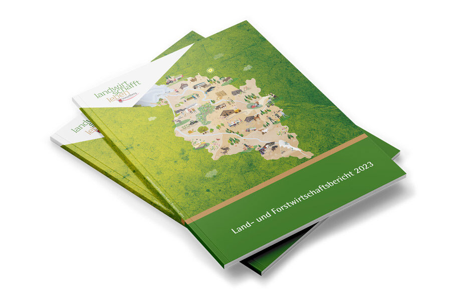 Titelseite des Land- und Forstwirtschaftsberichts 2023 der Landwirtschaftskammer Vorarlberg mit grüner Gestaltung und illustrierter Landkarte.