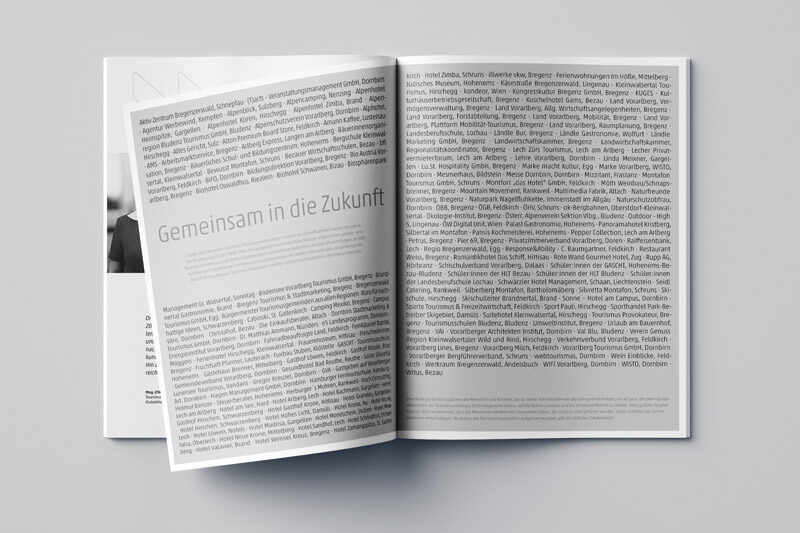 Abschlussdoppelseite mit dicht gesetzten Namen und Beiträgen von beteiligten Institutionen, Überschrift „Gemeinsam in die Zukunft“.